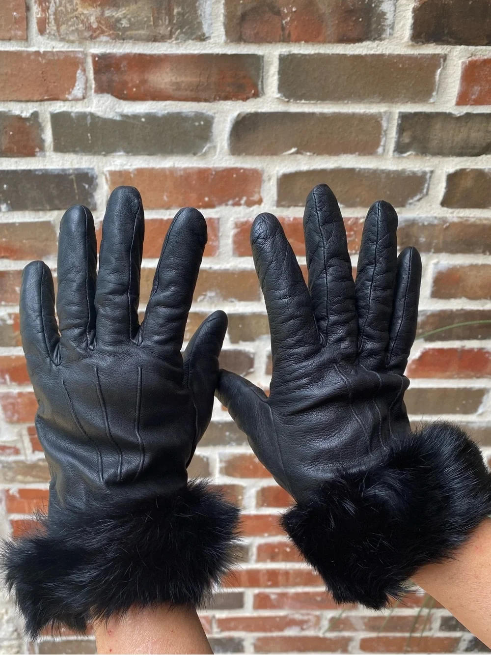 Neiman Marcus Leather & Fur Gloves with Cashmere Lining